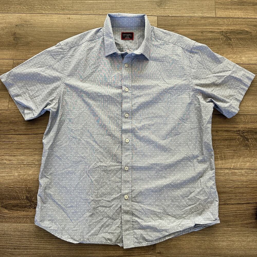 UNTUCKit Shirt Mens Large Blue Thornton Short Sleeve Button Up Dot Cotton 40113
